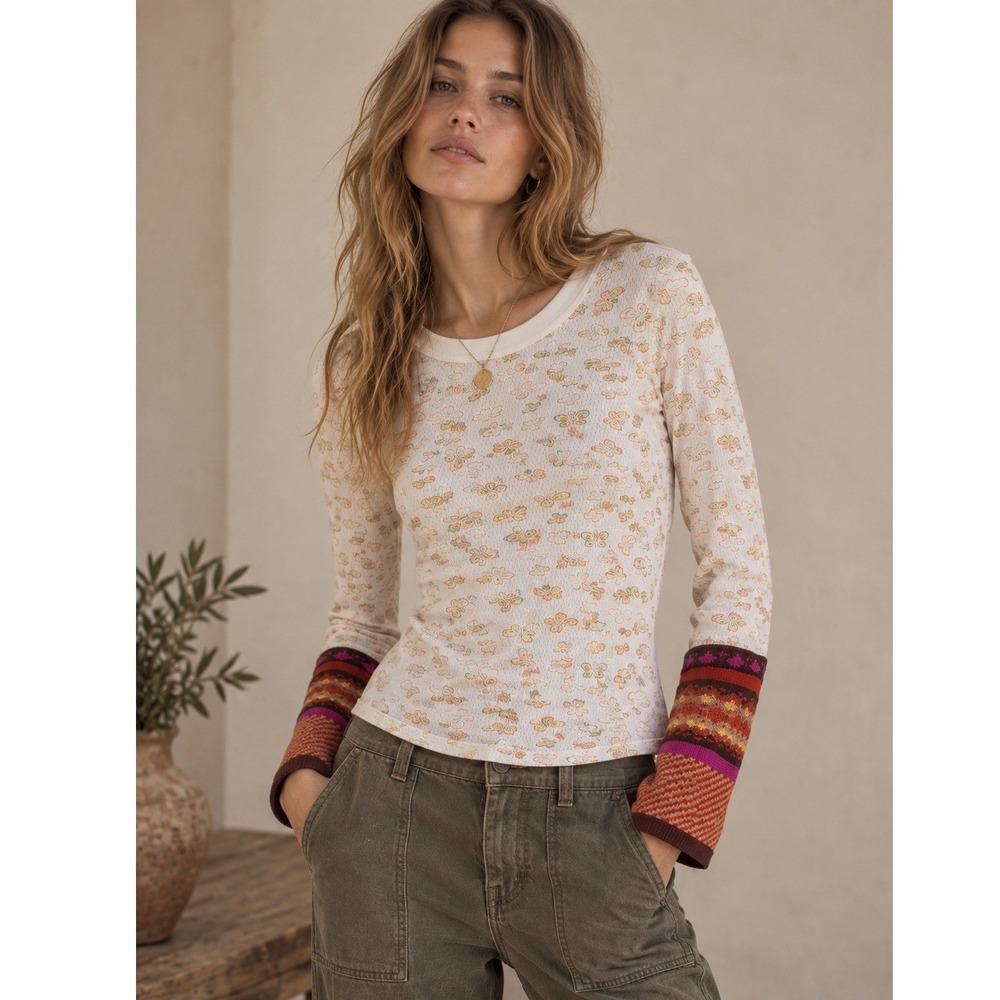 Free People Butterfly Print Pointelle Thermal Top Contrast Knit Cuff White M